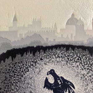 Dragon under Oxford reduction linoprint linocut art print image 4