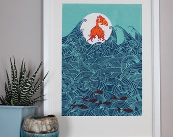 A4 Seven more fish for luck (larger original screenprint)