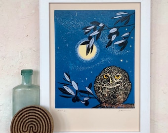 Little owl original limited edition linocut print.