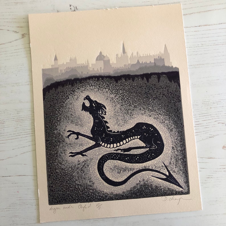 Dragon under Oxford reduction linoprint linocut art print image 3