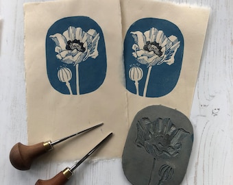 White poppy in blue. Mini print linocut art.