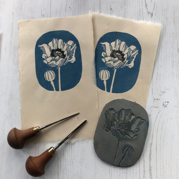 White poppy in blue. Mini print linocut art.