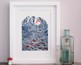 seven fish for luck. Original hand pulled screen print.
