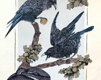 The origin of myth  Raven snake  Original linocut print.