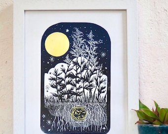 Mugwort botanic folklore  Original hand pulled linocut