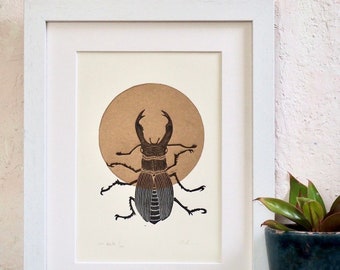 Sun beetle. Stag beetle Lino cut print.