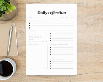 May include: A printable daily reflection planner with sections for gratitude, water intake, weather, notes, good things that happened, and things to look forward to. The planner has a simple black and white design.