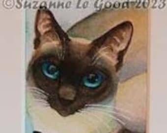 ACEO Siamese Tonkinese cat art sealpoint watercolour painting mounted by Suzanne Le Good