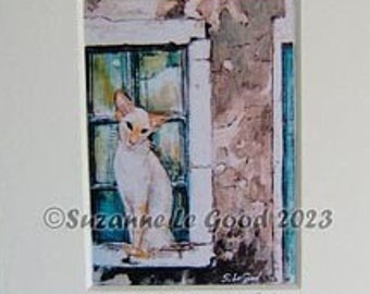 Siamese cat art print ACEO Redpoint Santorini Greece Limited Edition mounted from original painting by Suzanne Le Good