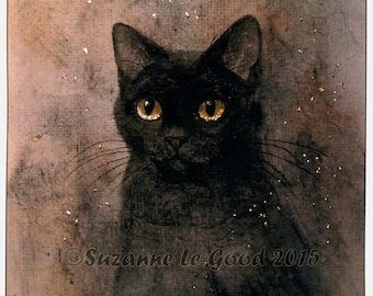 Black Cat art print magical limited edition signée d’après l’aquarelle originale et la peinture à la feuille d’or par Suzanne Le Good