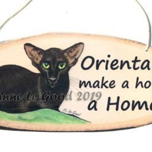 Oriental Cat art sign Havana, black, Ebony, hanging sign, laminated from original painting by Suzanne Le Good