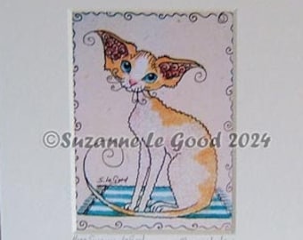 Devon Rex art print from original ACEO painting red and white stylised mounted Limited Edition by Suzanne Le Good