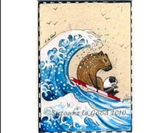 GUINEA PIG & CAPYBARA art Aceo Limited Edition surfing ocean sea mounted print from original painting by Suzanne Le Good