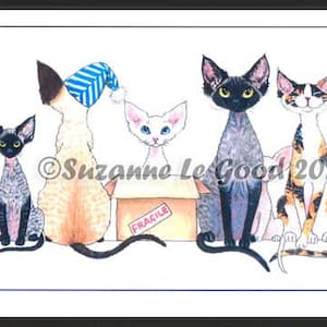 Carte d’art Devon Rex Cat toutes les occasions noir fumée, si-rex, tabby, écaille, blanc, d’après une peinture originale de l’artiste anglais Suzanne Le Good