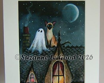 Siamkatze und Geist-Phantom gruseliger Kunstdruck von Original-Gemälde montiert, signiert von Suzanne Le Good