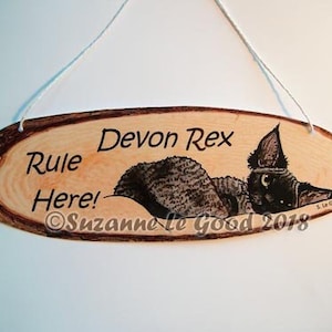 May include: A wooden sign with a Devon Rex cat painted on it. The sign reads "Devon Rex Rule Here!" and is signed "Suzanne Le Good 2018".