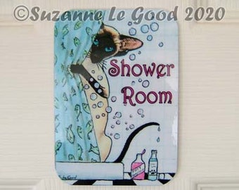 Siamesisk katt konstmålning skylt Duschrum Badrumsdörrskylt originaldesign av Suzanne Le Good