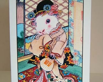 Large GUINEA PIG Geisha Art Japanese style painting hand made Greetings Birthday card by English artist Suzanne Le Good