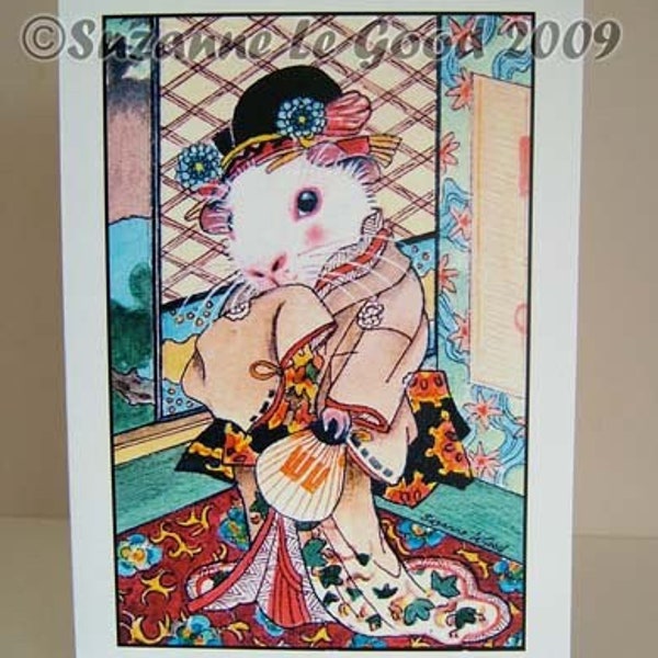Grand cochon d'Inde Geisha Art peinture de style japonais carte d'anniversaire de voeux faite à la main par l'artiste anglais Suzanne Le Good