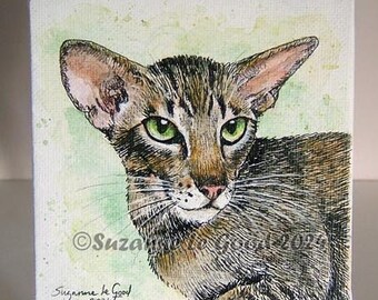 Oriental ticked tabby cat painting on canvas with easel original hand painted by English artist Suzanne Le Good