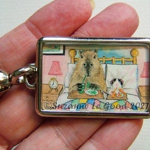 Guinea Pig Capybara art Keyring key chain handbag charm with print from original painting by Suzanne Le Good