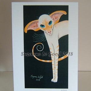 Può includere: Un gatto siamese bianco e arancione con occhi blu è raffigurato su uno sfondo nero. Il gatto ha grandi orecchie e un corpo lungo e sottile. La coda del gatto è arrotolata a spirale. L'immagine è firmata "Suzanne le Good 2018" e intitolata "Kelpie".