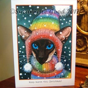 Siamkatze Kunstmalerei Weihnachtskarte, Weihnachtskarte, großer, glitzernder Schnee, orientalische Katze original Design von Suzanne Le Good