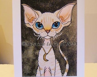 Devon Rex cat kitten art print hand embellished signed limited edition, unmounted by Suzanne Le Good