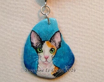 Cornish Rex cat art painting pendant slate jewellery Calico Tortie and white original hand painted by Suzanne Le Good