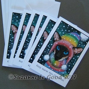 Siamese Kat kunst sneeuw kerstkaarten 6 pack van origineel schilderij exclusief ontwerp door Suzanne Le Good