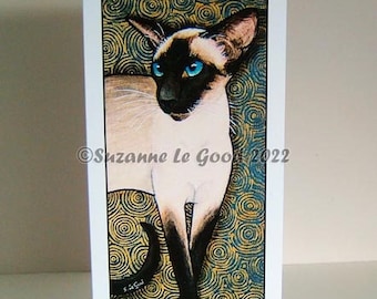 Siamese Cat art painting card sealpoint decorative by original design by English artist Suzanne Le Good