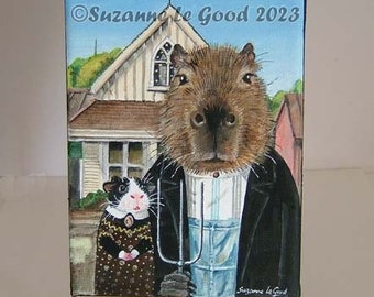 Capybara Guinea Pig art painting American Gothic acrylic on canvas with easel original hand painted by English artist Suzanne Le Good