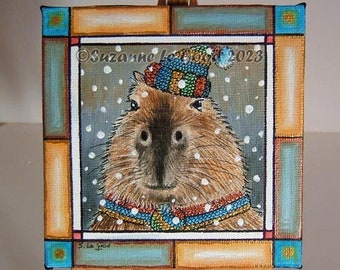 Capybara art snow painting acrylic on canvas with easel original hand painted by English artist Suzanne Le Good