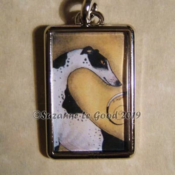 Greyhound Dog black and white hound Keyring keychain handbag charm with print from original painting by Suzanne Le Good