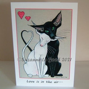 Grande peinture d'art chat oriental carte de Saint-Valentin carte faite à la main par l'artiste anglaise Suzanne Le Good