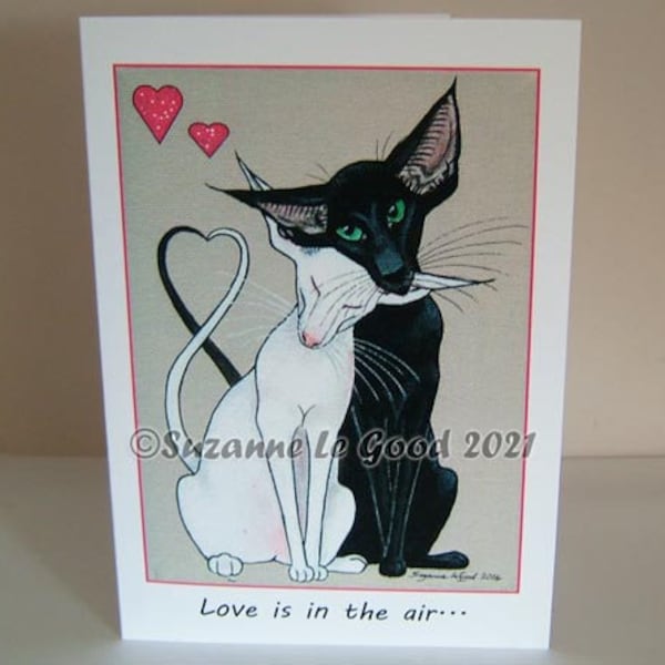 Large Oriental Cat art painting Valentine's Day card hand made card by English artist Suzanne Le Good