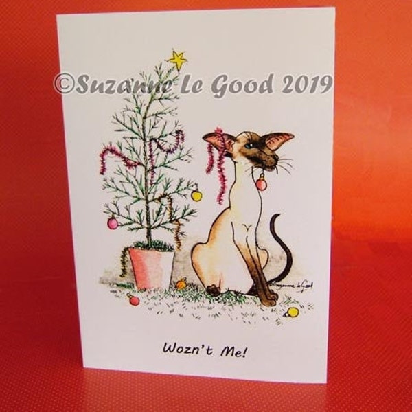 Siamese Kat kunst schilderen kerstkaarten, vakantiekaarten, kerstboom 6 pack origineel ontwerp door Suzanne Le Good