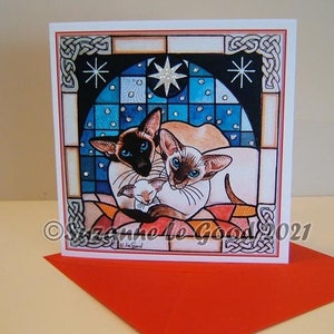 Siamesische Katze Kätzchen Weihnachtskarte Weihnachtskarte Weihnachtskrippe vom Originalgemälde, Glitzer von der englischen Künstlerin Suzanne Le Good