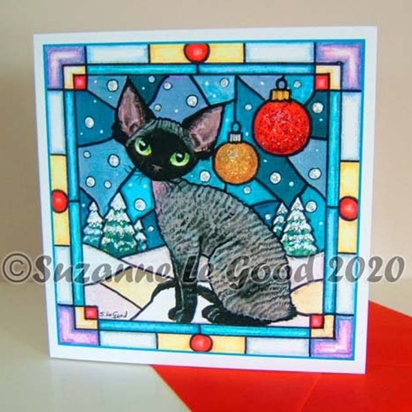 Devon Rex cat kitten art Christmas card holiday from original painting, sparkling, glitter snow baubles by English artist Suzanne Le Good