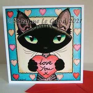 Devon Rex kat kunst schilderij Valentine verjaardag groeten kaart zwarte rook, origineel ontwerp van de Engelse kunstenaar Suzanne Le Good