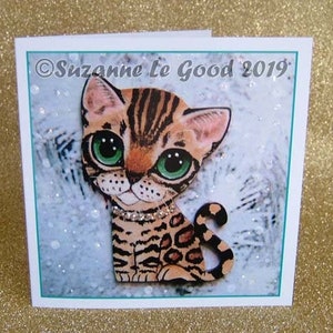 Bengal Katze Kätzchen Kunst Weihnachtskarte aus original-Gemälde, funkelnd, Glitzer, braun Bengal von englischen Künstler Suzanne Le Good
