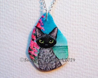 Devon Rex cat art painting pendant slate jewellery Greek Island original hand painted by Suzanne Le Good