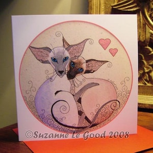 Siamese Cat art painting Valentine's or Birthday card from original painting by English artist Suzanne Le Good image 1