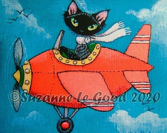 Devon Rex cat art airplane print original design from canvas painting signed limited edition by English artist Suzanne Le Good