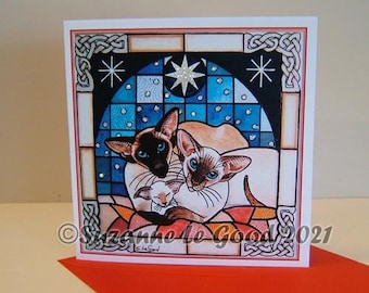 Siamese cat kitten art Christmas card Nativity holiday from original painting, glitter by English artist Suzanne Le Good