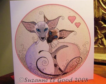 Siamese Cat art painting Valentine's or Birthday card from original painting by English artist Suzanne Le Good