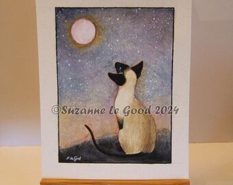 Siamese cat art watercolour painting moon sealpoint stars by English artist Suzanne Le Good