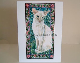 Large Siamese Cat art painting greetings or birthday card style hand made card by English artist Suzanne Le Good