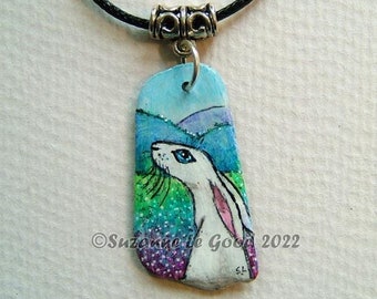 Hare art pendant painting jewellery necklace hand painted sea-slate, glitter, magic, fantasy, original Suzanne Le Good,