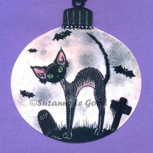 Devon Rex kat Halloween-bord, maan, vleermuizen, grafstenen, spookachtig, hangend bord, van origineel schilderij, gelamineerde kaart door Suzanne Le Good